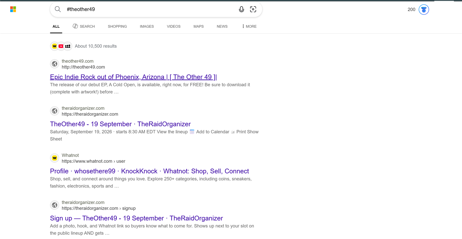 Bing search results for #theother49 with the TheRaidOrganizer train page on the first page, including lineup and Add to Calendar links