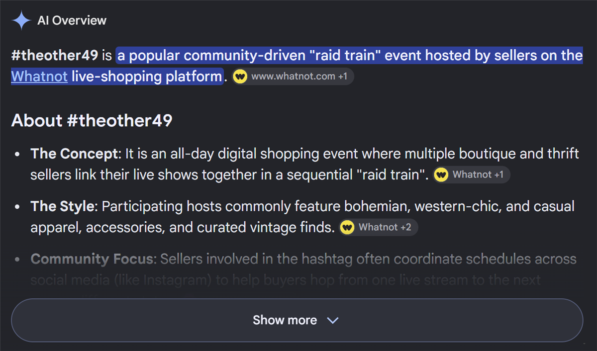 Google AI Overview for #theother49 describing the raid train event, its schedule, and how raids work